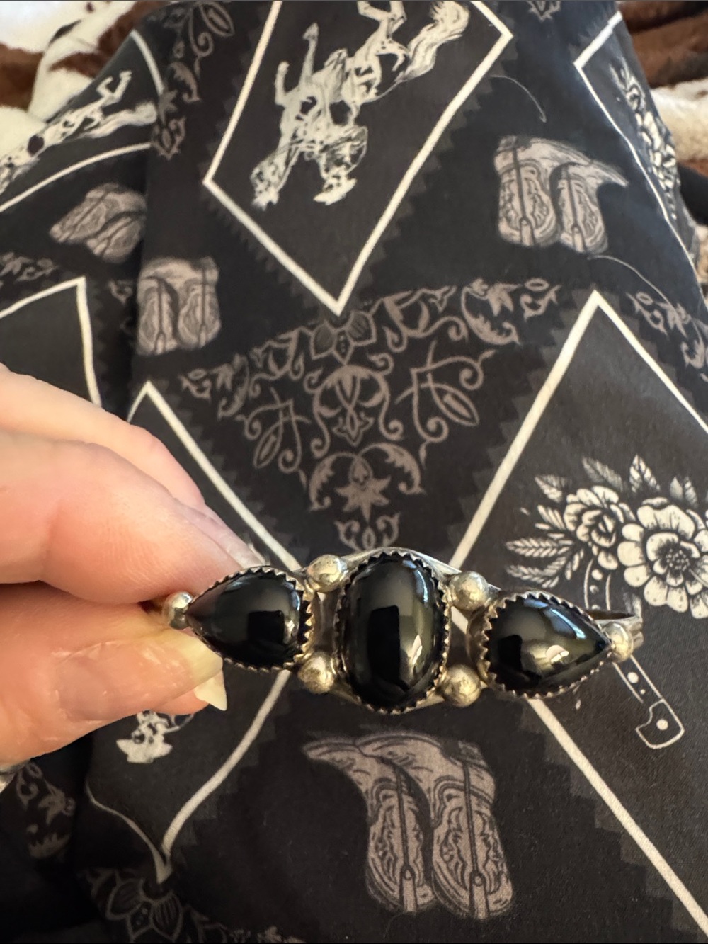 Vintage Silver Bracelet with Black Onyx Triple Stones